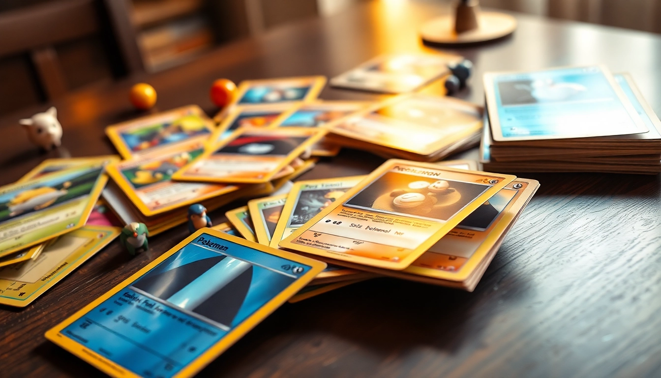 Examine real Pokemon cards' vibrant colors and unique textures at a tabletop setup.